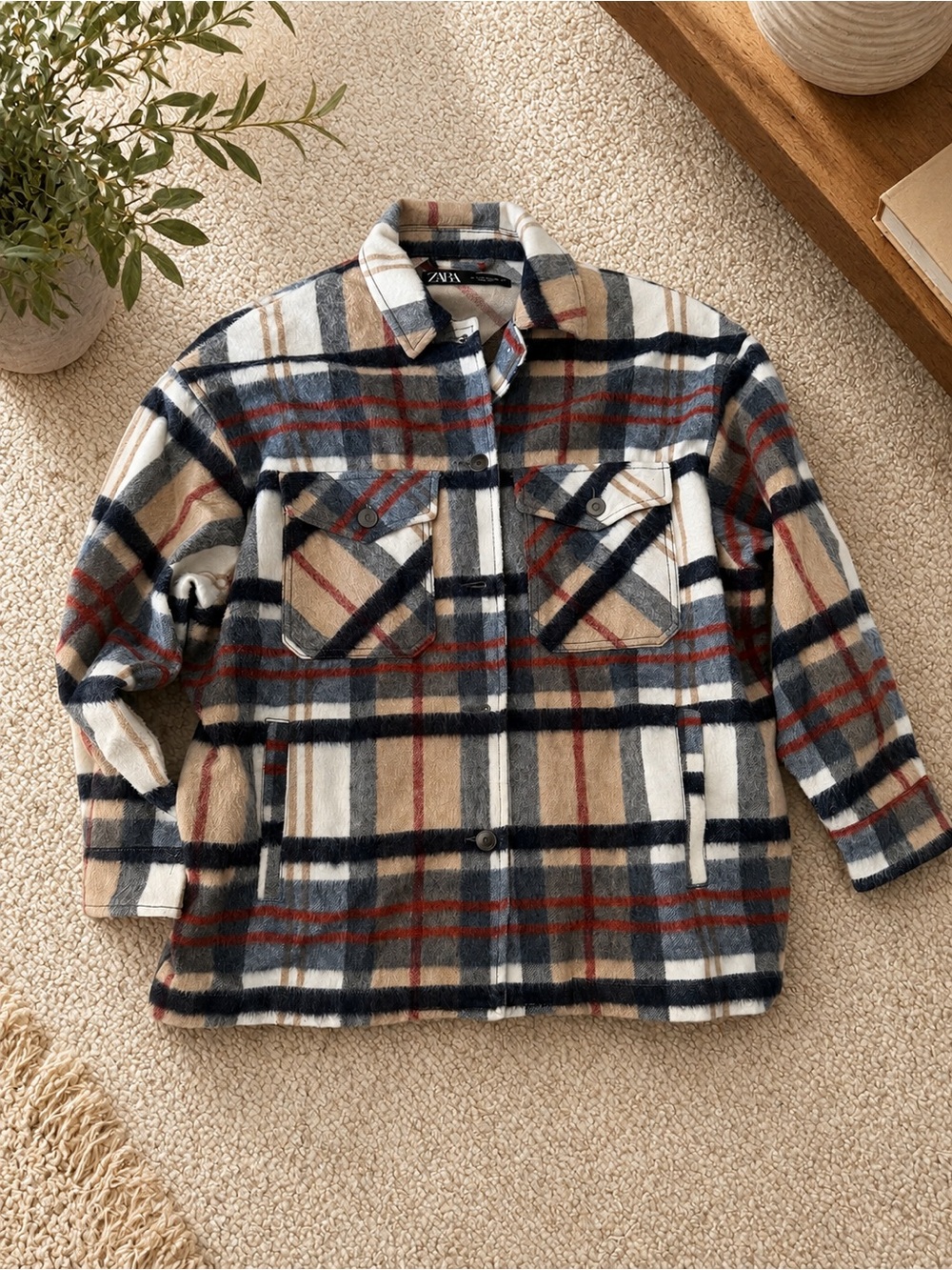 Zara Kids Plaid Shacket Jacket - Cream, Navy & Brown